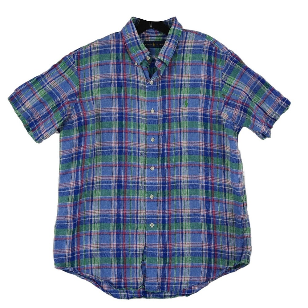 Ralph Lauren 100% Linen Blue Plaid Shirt Men's Size Large Sleeve Button Down